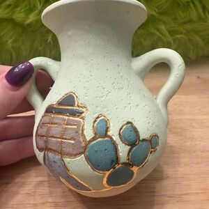 Artisan Ceramic Vase with Handles - Green and Gold